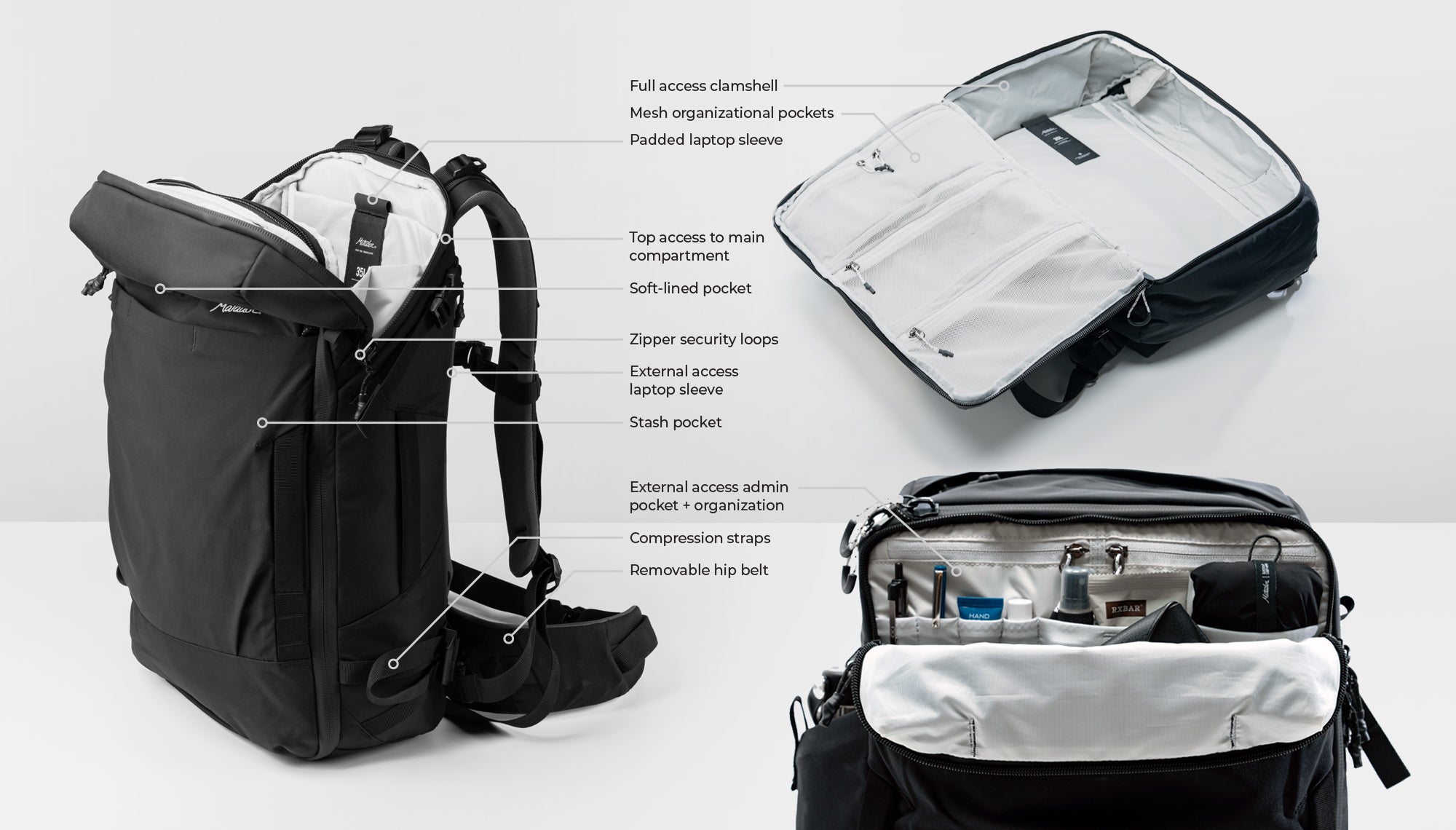 different views of black globerider35 open on white background with text feature call outs: Full access clamshell, mesh organizational pockets, padded laptop sleeve, top access to main compartment, soft-lined pocket, zipper security loops, external access laptop sleeve, stash pocket, external access admin pocket + organization, compression straps, removable hip belt