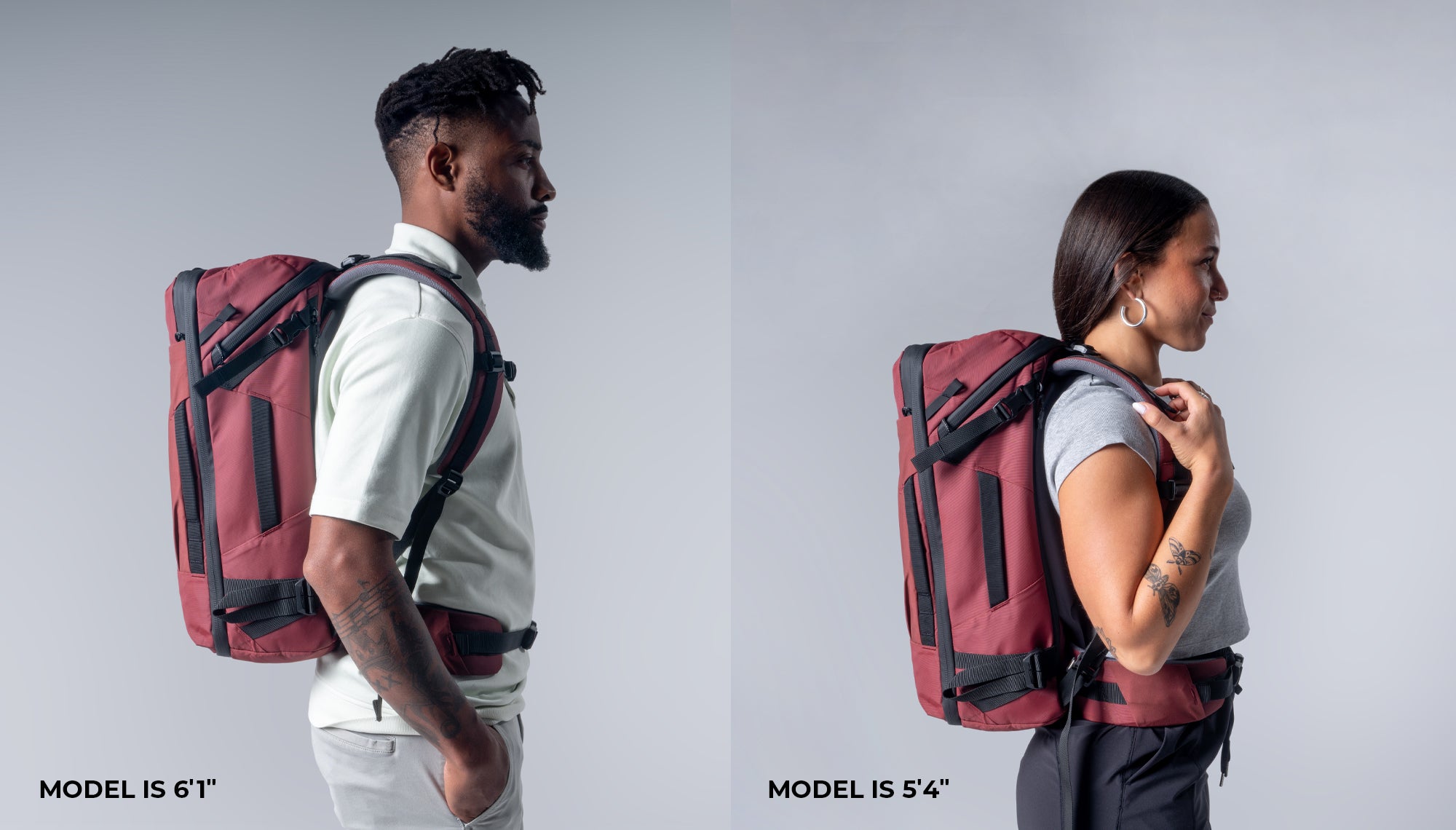 Side by side comparison of man and woman wearing garnet GlobeRider35. Male model is 6ft 1in, female model is 5ft 4in.