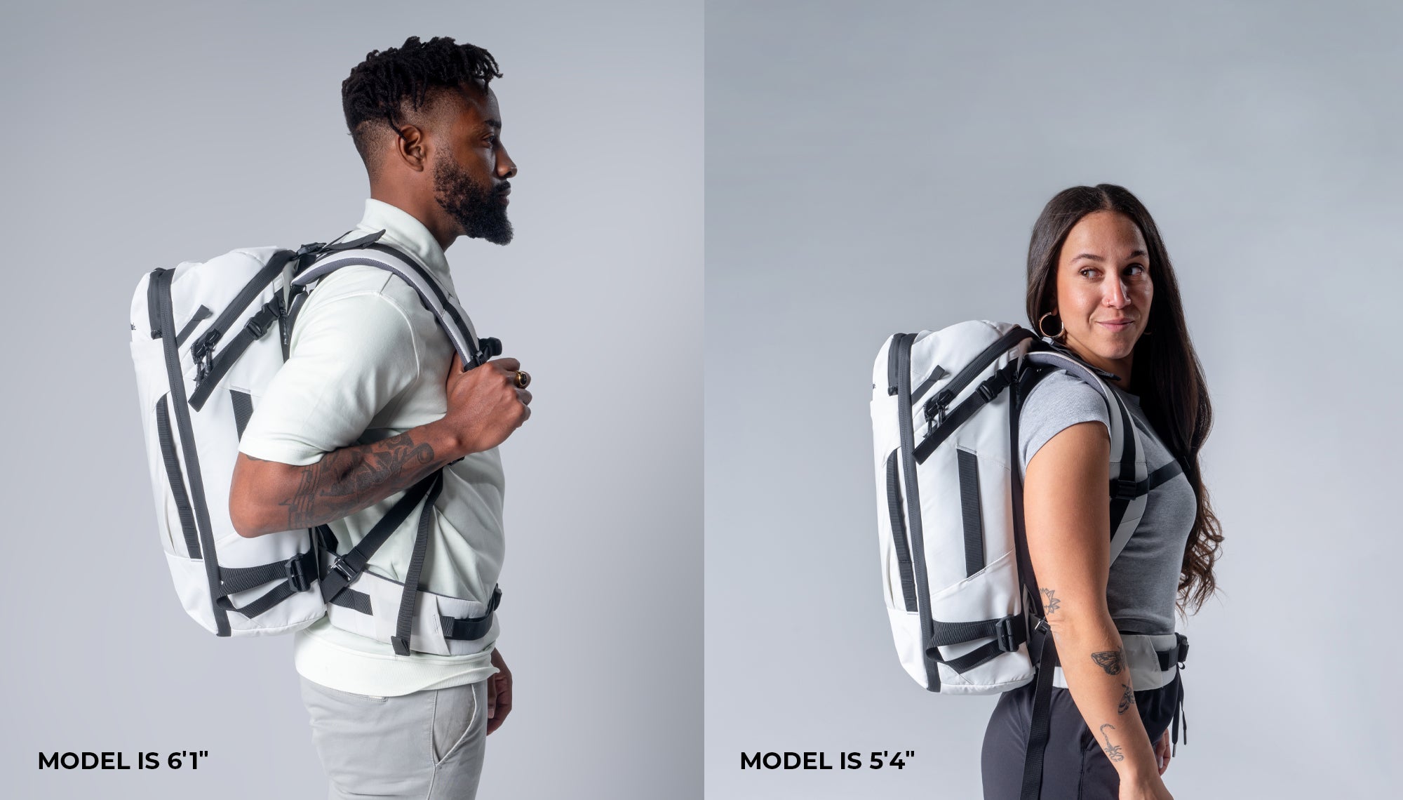 Side by side comparison of man and woman wearing white GlobeRider35. Male model is 6ft 1in, female model is 5ft 4in.